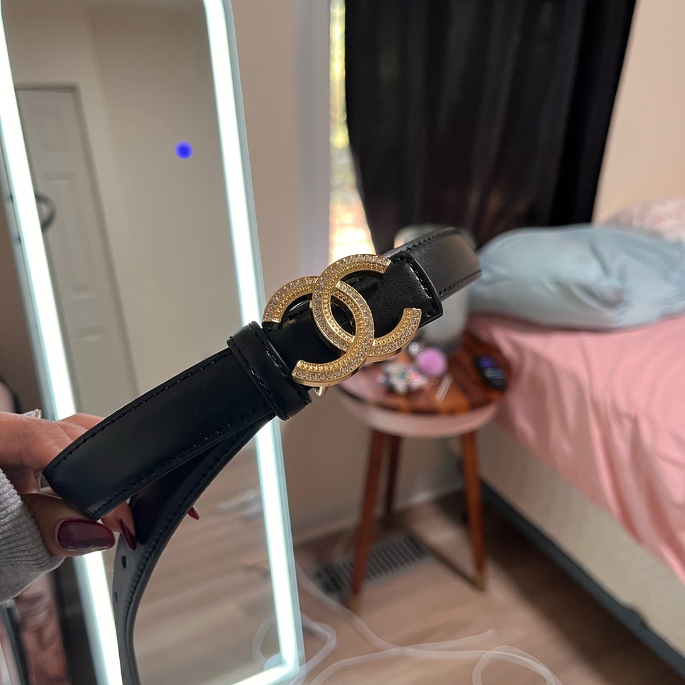 CHANEL Black Belt with Gold Logo Buckle
